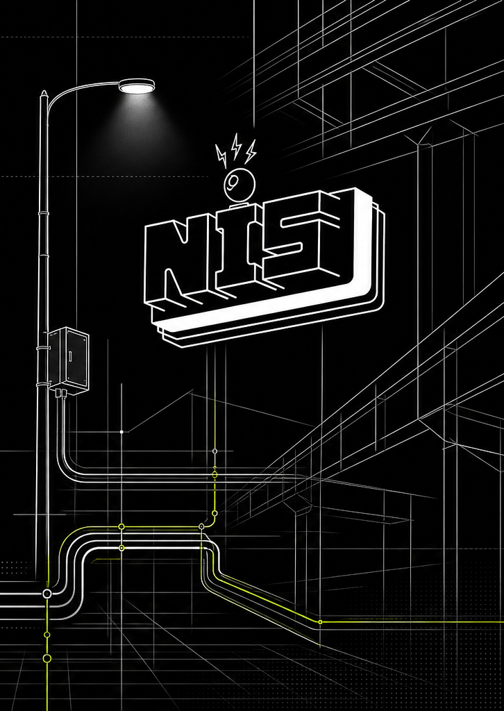 街路灯と電気配線、NISロゴを描いたイメージ